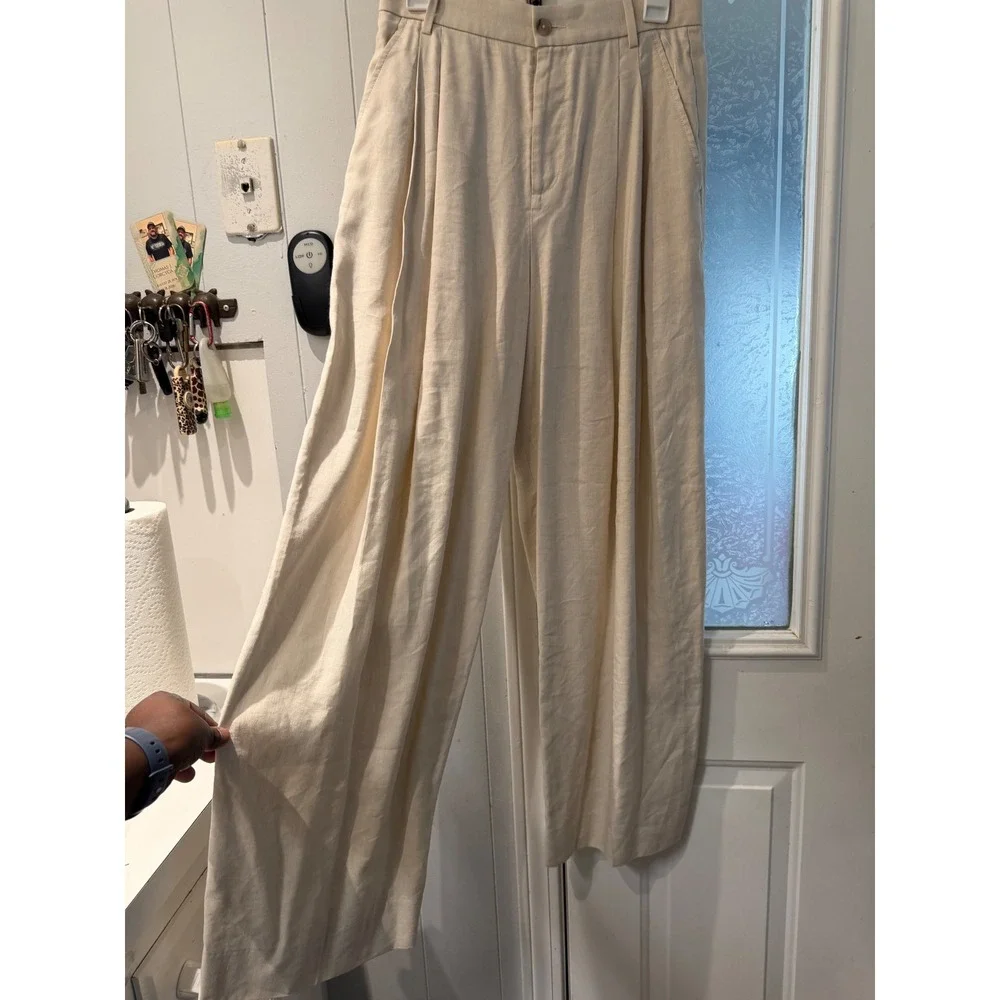 Banana Republic Womens Beige Linen Blend Pleated Wide Leg Trousers Pants Size 2